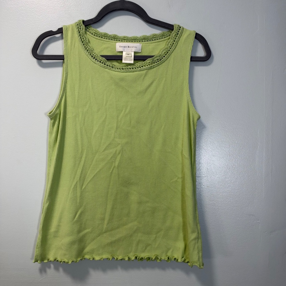 Vintage Susan Bristol Lime Green Ribbed Tank Top Medium Crochet Trim 13021